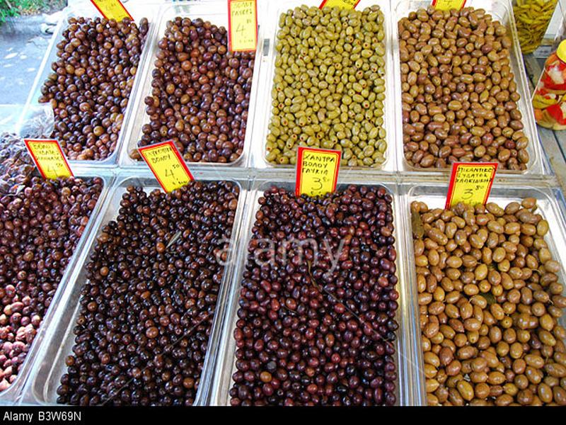 Greek olives market stall Nea Moudania